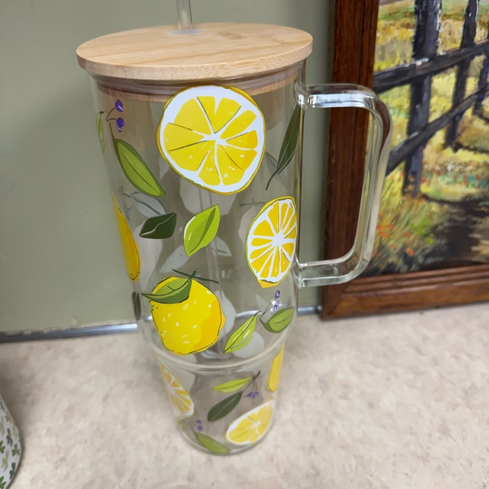 Lemon Print Glass Tumbler with Bamboo Lid